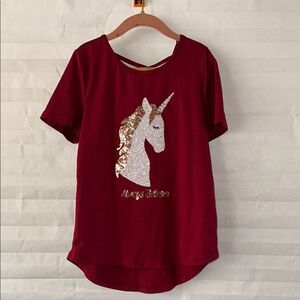 Girls Size 8 Maroon Unicorn Sequin T-Shirt Sparkly Top Short Sleeve Tee